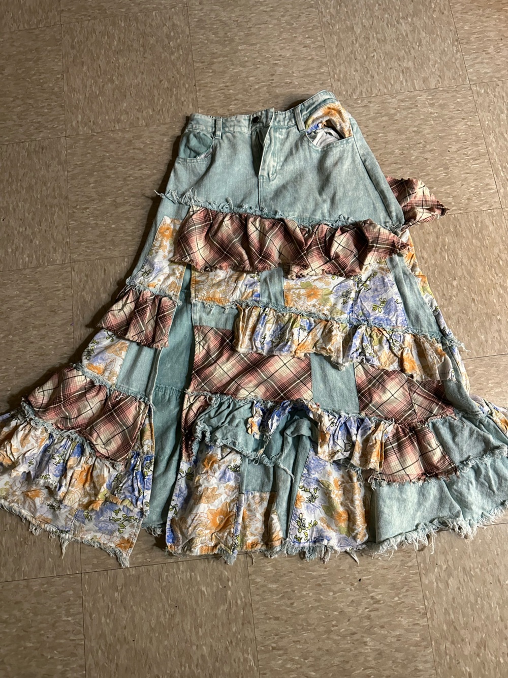 Boho Patchwork Maxi Skirt in Teal, Pink & Yellow